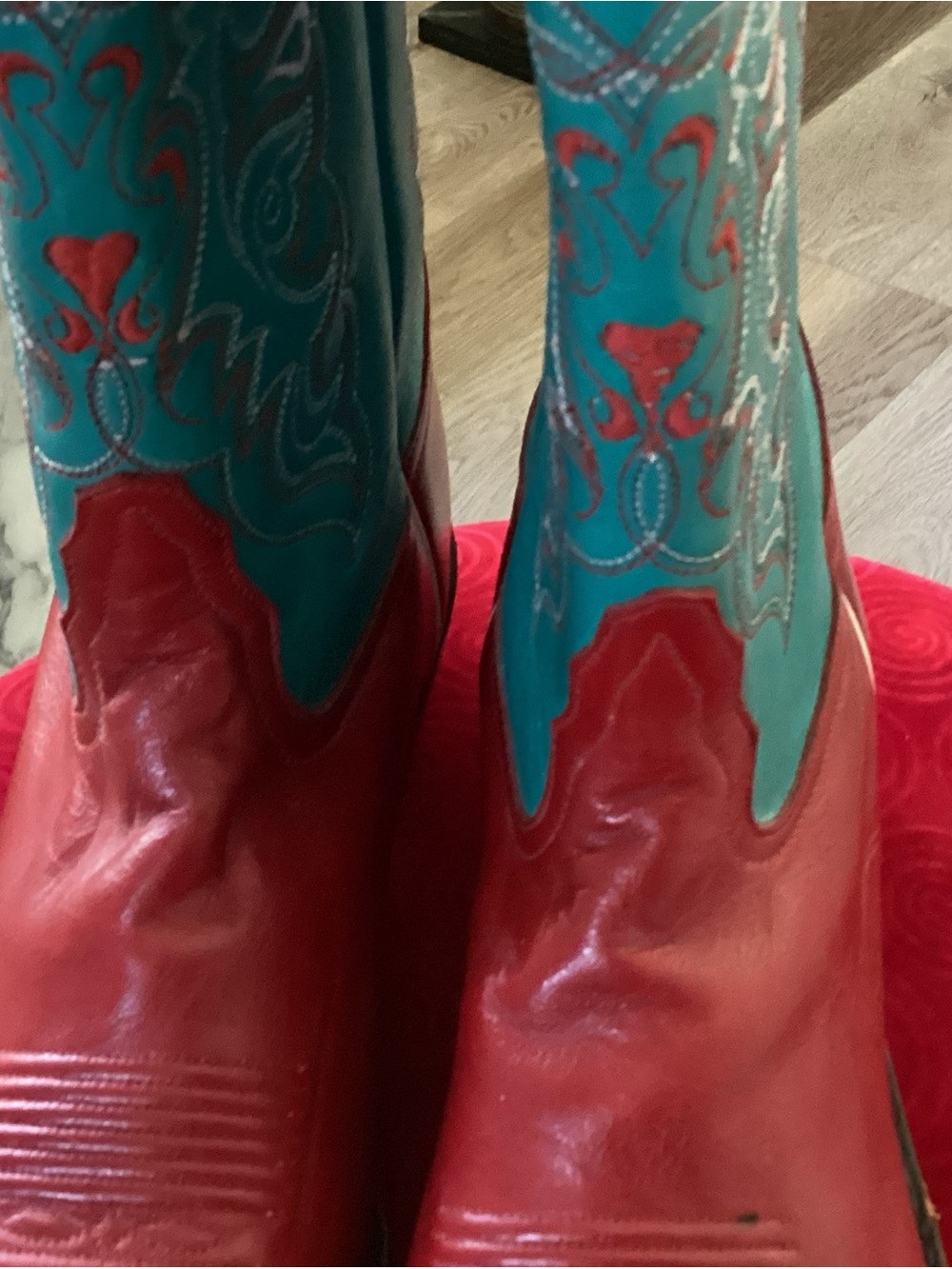 Tony Lama Red Leather Heeled Boots with Turquoise Embroidered Shaft